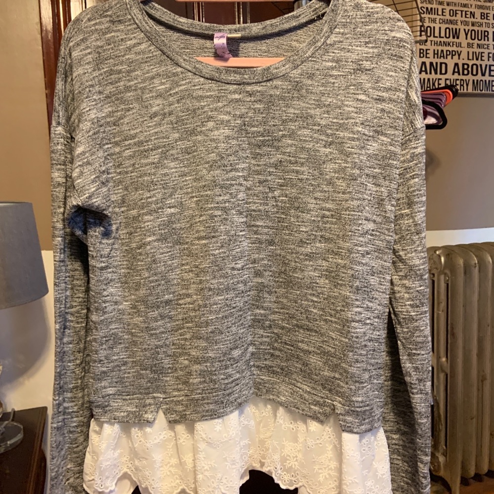 Gray sweater with lace trim